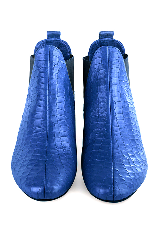 Electric blue and matt black women's ankle boots, with elastics. Round toe. Flat block heels. Top view - Florence KOOIJMAN